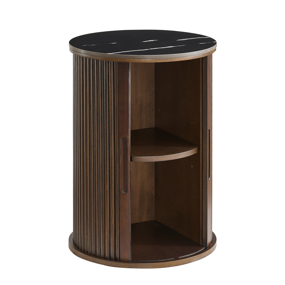 Fluted Round End Tables for Living Room, Nightstand for Bedroom with with Sliding Tambour Door and Adjustable Shelves