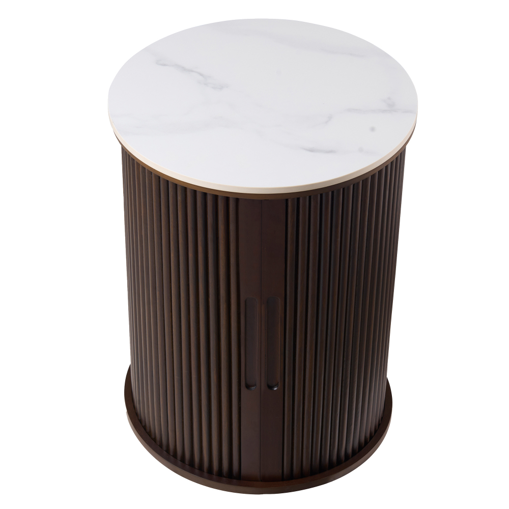 Fluted Round End Tables for Living Room, Nightstand for Bedroom with with Sliding Tambour Door and Adjustable Shelves(White)