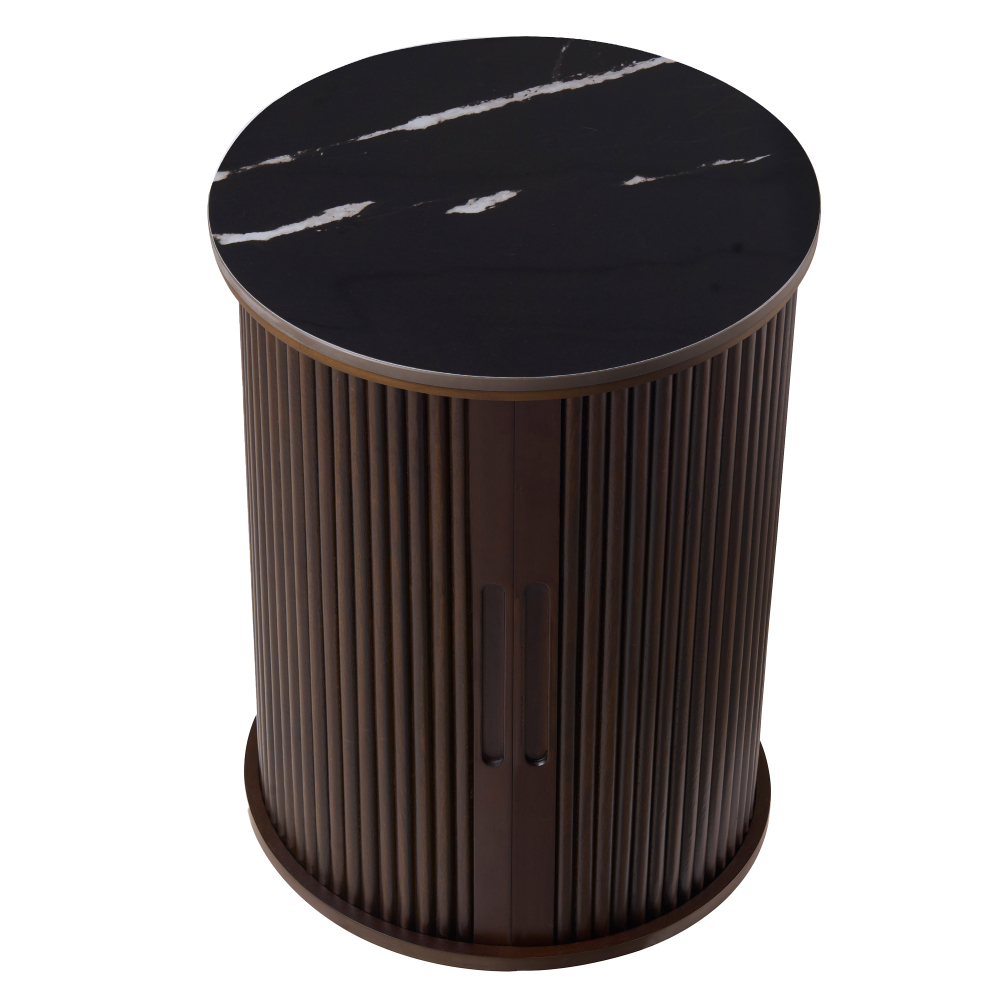Fluted Round End Tables for Living Room, Nightstand for Bedroom with with Sliding Tambour Door and Adjustable Shelves