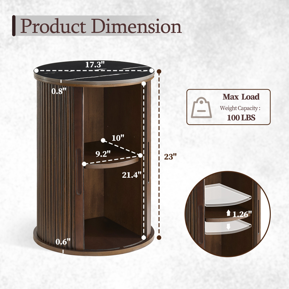 Fluted Round End Tables for Living Room, Nightstand for Bedroom with with Sliding Tambour Door and Adjustable Shelves
