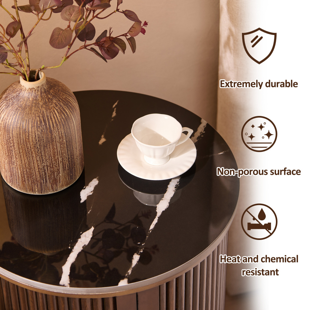 Fluted Round End Tables for Living Room, Nightstand for Bedroom with with Sliding Tambour Door and Adjustable Shelves