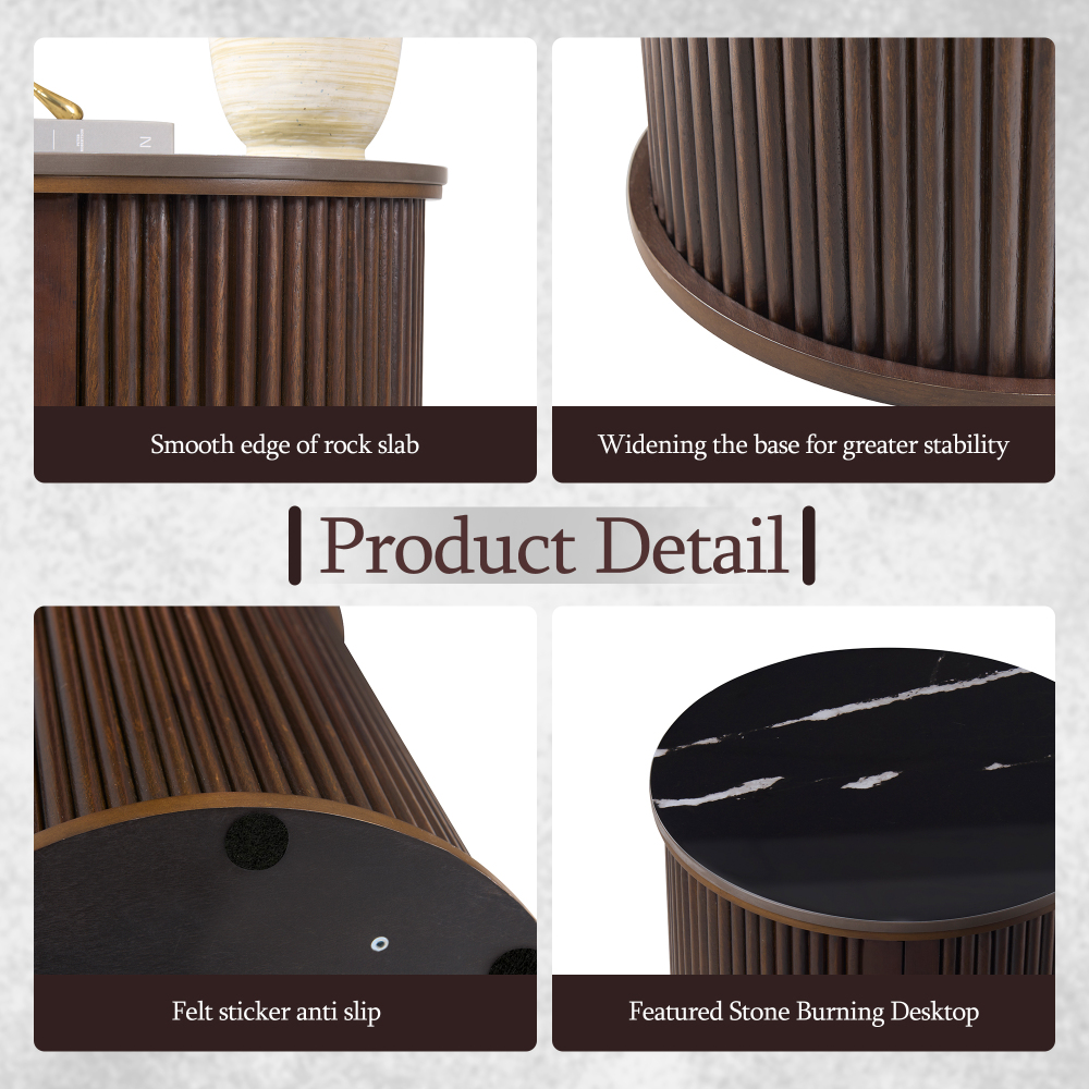 Fluted Round End Tables for Living Room, Nightstand for Bedroom with with Sliding Tambour Door and Adjustable Shelves