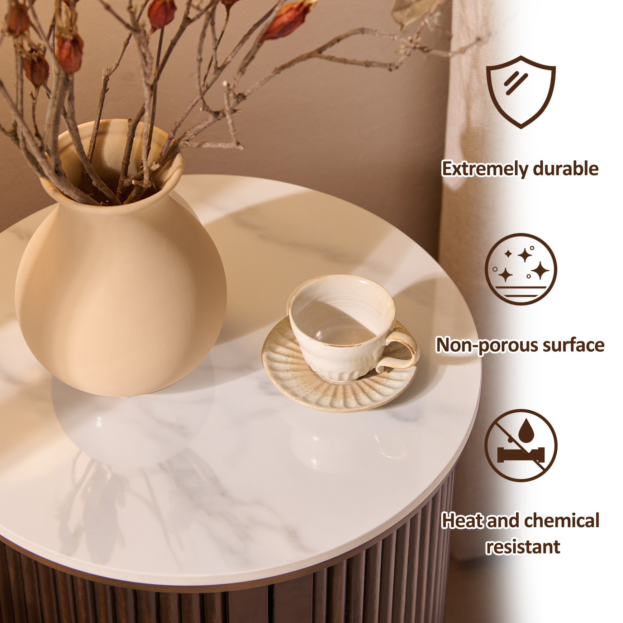 Fluted Round End Tables for Living Room, Nightstand for Bedroom with with Sliding Tambour Door and Adjustable Shelves(White)