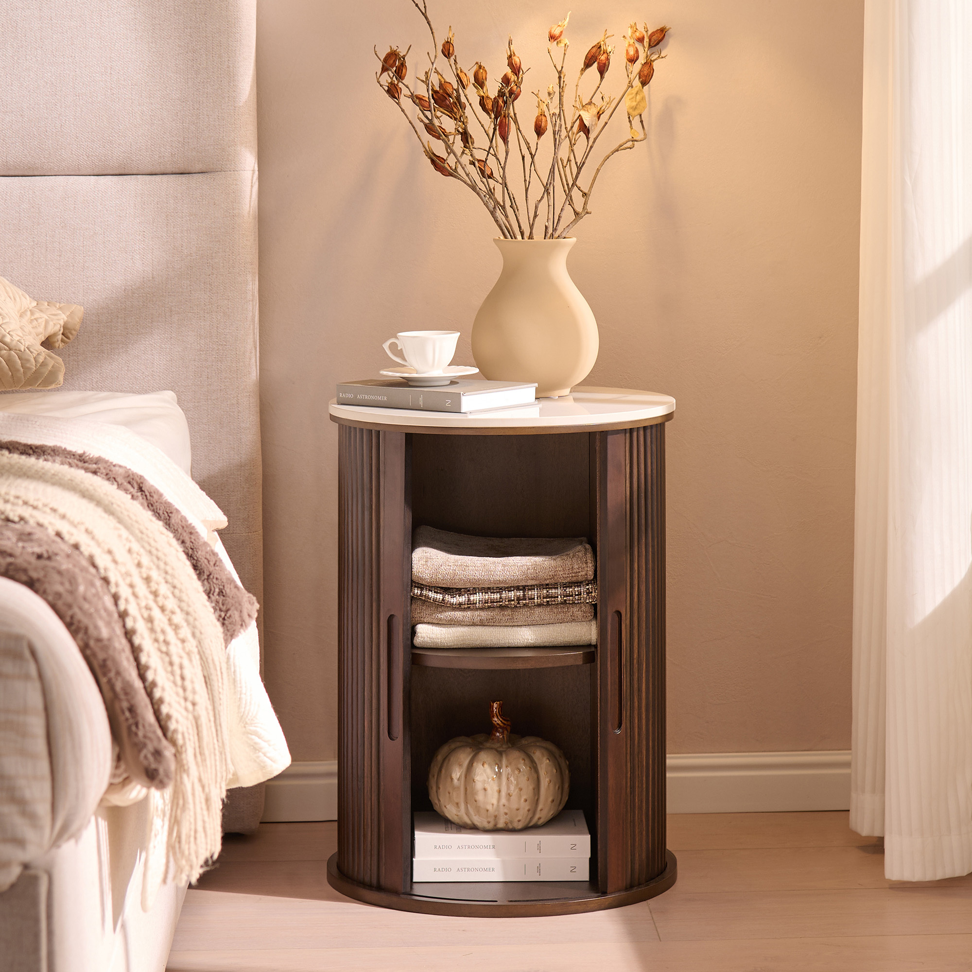 Fluted Round End Tables for Living Room, Nightstand for Bedroom with with Sliding Tambour Door and Adjustable Shelves(White)