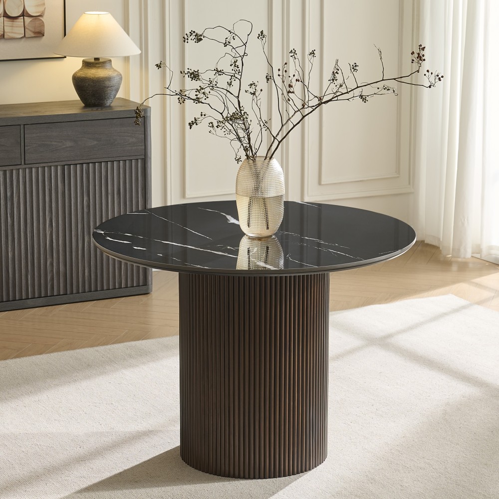 42 inch Round Dining Table with Sintered Stone Top Table, Round Kitchen Table with Fluted Solid Wood Base for Kitchen(Black)