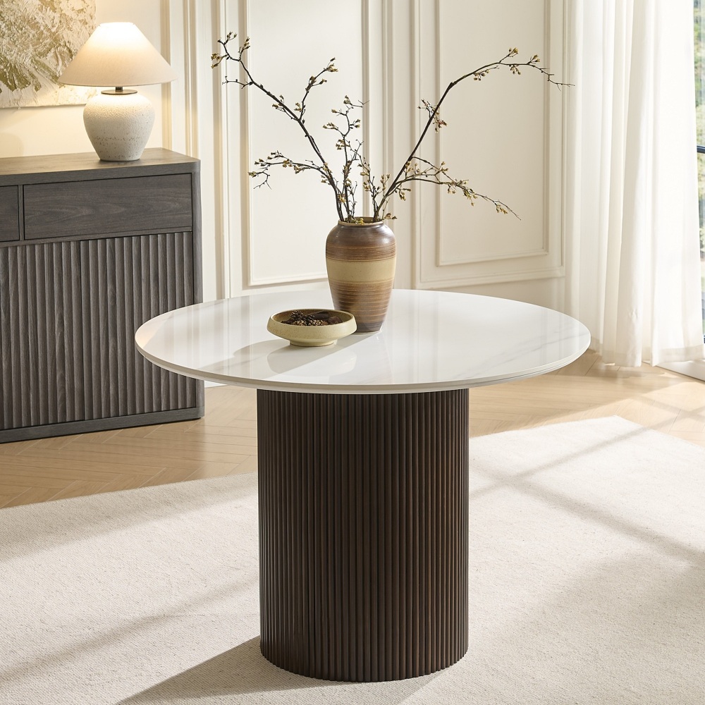 42 inch Round Dining Table with Sintered Stone Top Table, Round Kitchen Table with Fluted Solid Wood Base for Kitchen(White)