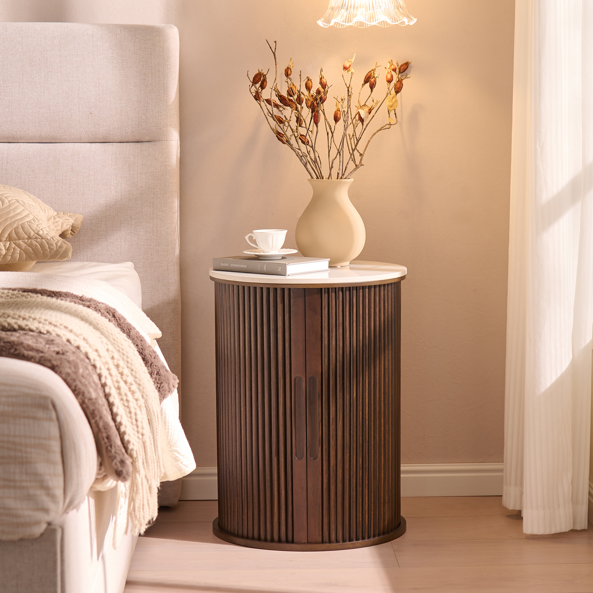Fluted Round End Tables for Living Room, Nightstand for Bedroom with with Sliding Tambour Door and Adjustable Shelves(White)