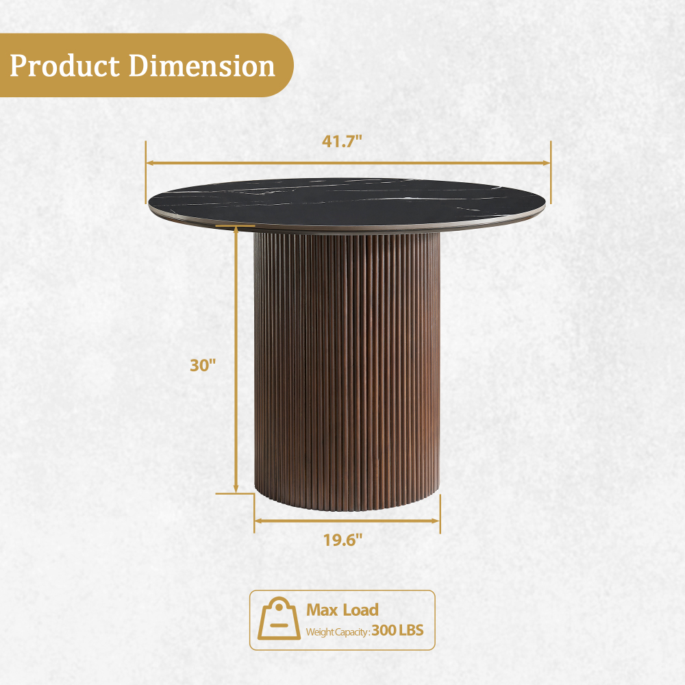 42 inch Round Dining Table with Sintered Stone Top Table, Round Kitchen Table with Fluted Solid Wood Base for Kitchen(Black)