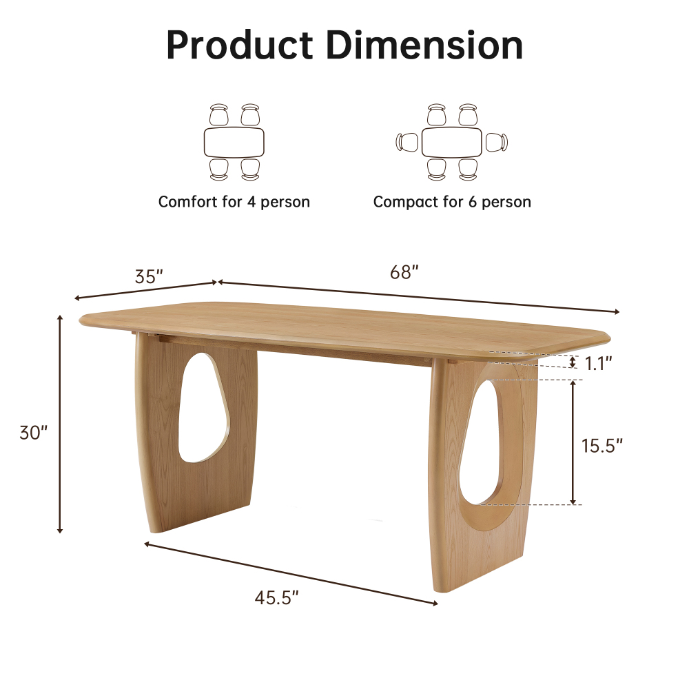 68-inch Rectangle Modern Dining Table for 4-6, Natutal Wooden Dining Room Table