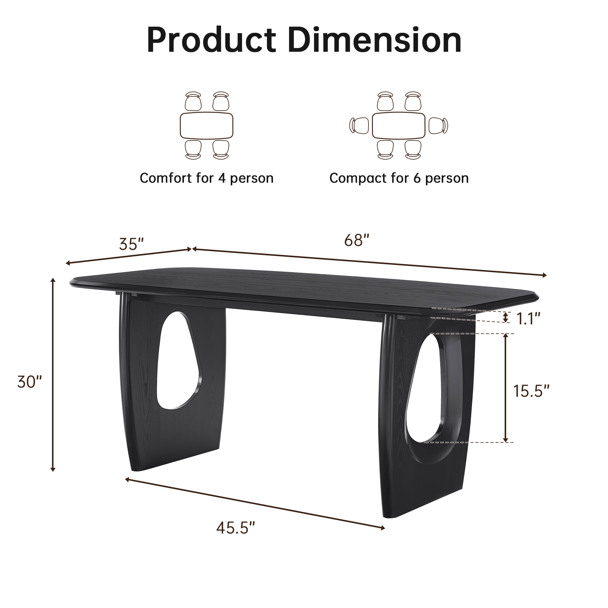 68-inch Rectangle Modern Dining Table for 4-6, Wooden Dining Room Table(Back)