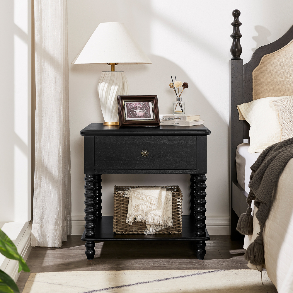 Bedside Table with Drawer, Mid-Century Modern Nightstand, Wood End Table for Living Room(BLACK)