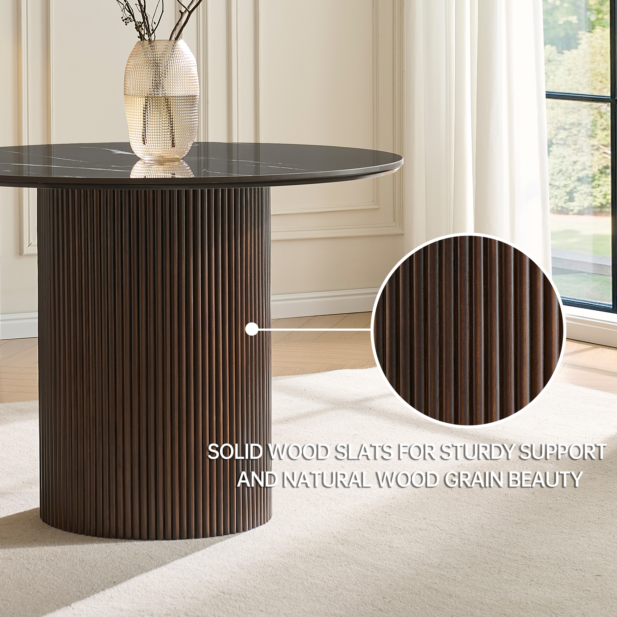 42 inch Round Dining Table with Sintered Stone Top Table, Round Kitchen Table with Fluted Solid Wood Base for Kitchen(Black)