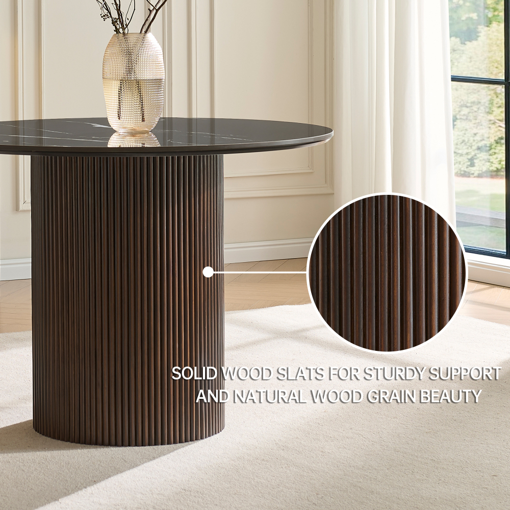 42 inch Round Dining Table with Sintered Stone Top Table, Round Kitchen Table with Fluted Solid Wood Base for Kitchen(Black)
