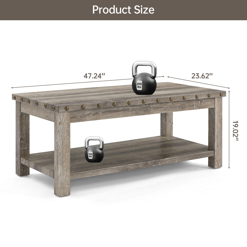 Coffee Table with Storage Shelf,48" Rectangular Farmhouse Wood Table for Living Room, Office