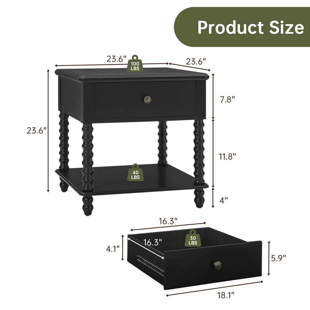 Bedside Table with Drawer, Mid-Century Modern Nightstand, Wood End Table for Living Room(BLACK)