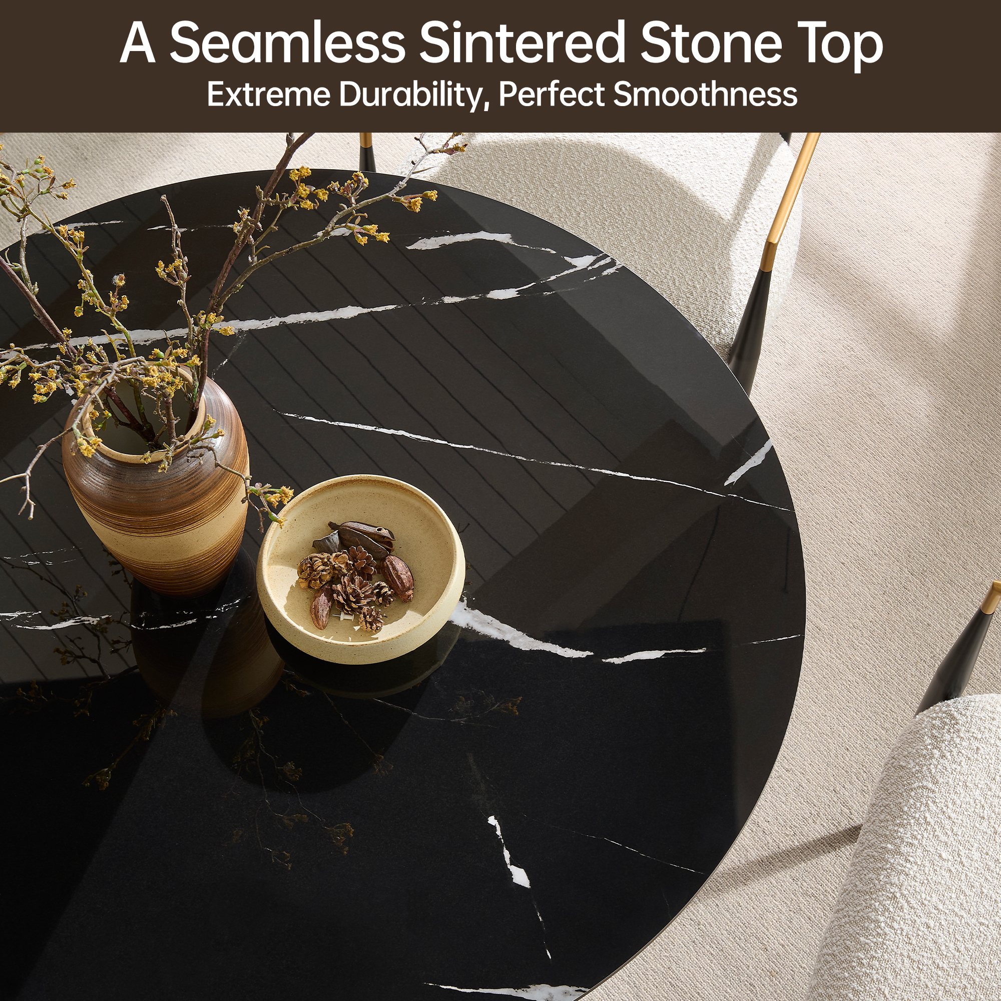 42 inch Round Dining Table with Sintered Stone Top Table, Round Kitchen Table with Fluted Solid Wood Base for Kitchen(Black)