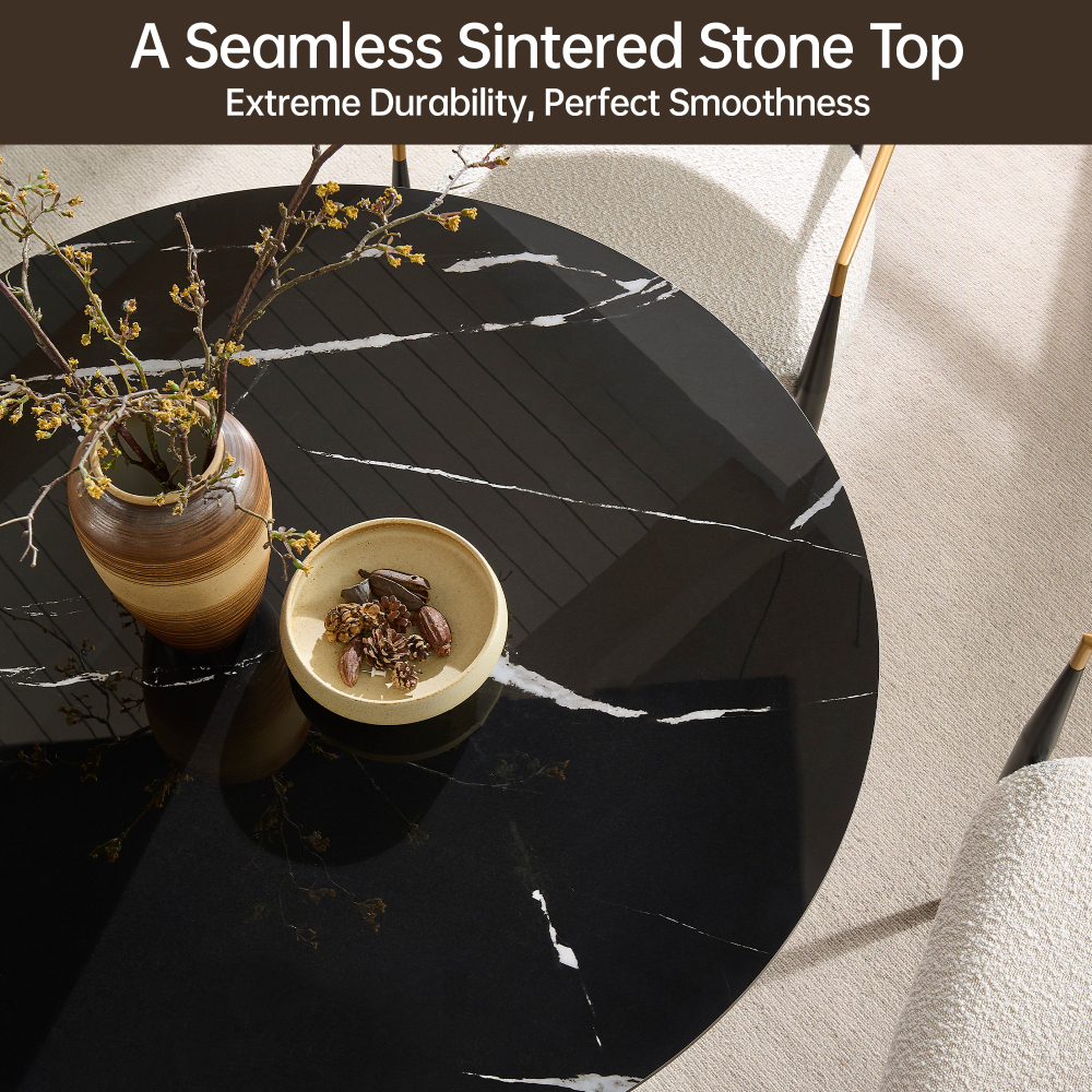 42 inch Round Dining Table with Sintered Stone Top Table, Round Kitchen Table with Fluted Solid Wood Base for Kitchen(Black)
