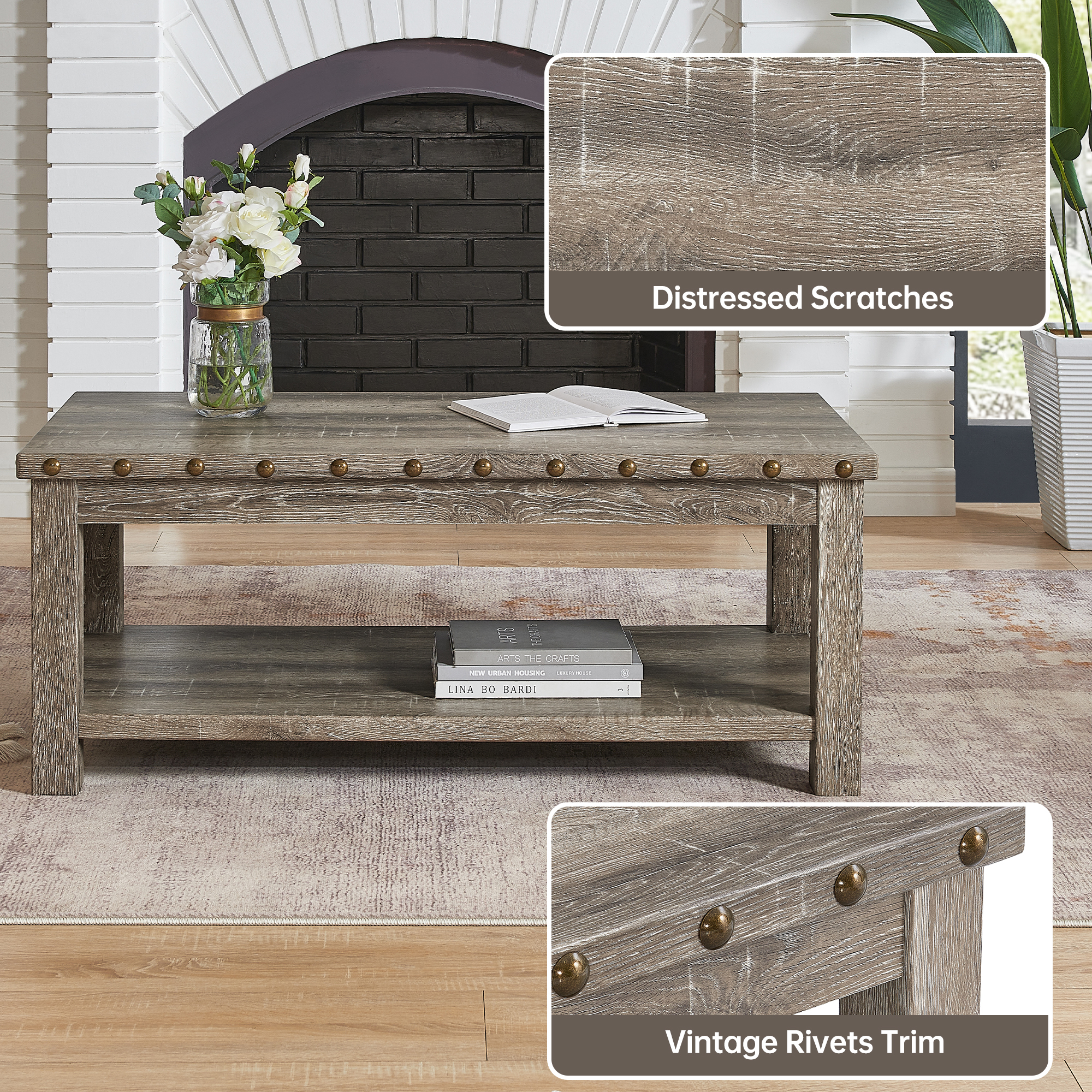 Coffee Table with Storage Shelf,48" Rectangular Farmhouse Wood Table for Living Room, Office