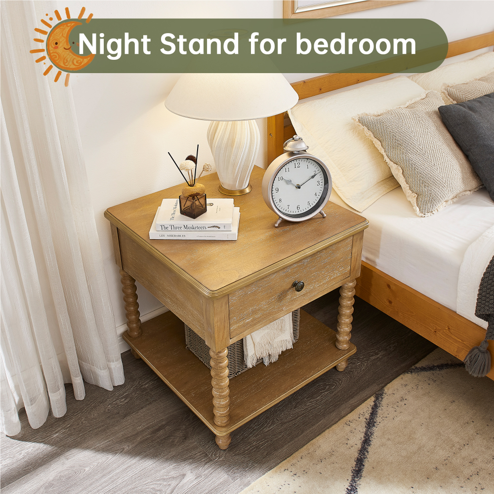 Bedside Table with Drawer, Mid-Century Modern Nightstand, Wood End Table for Living Room(White)