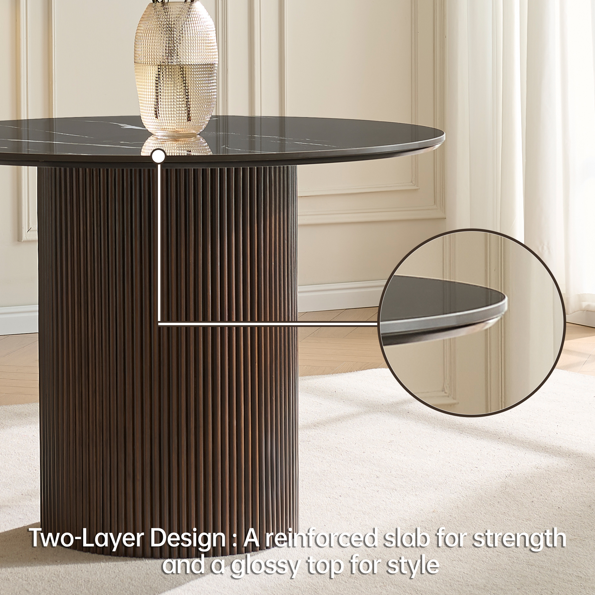 42 inch Round Dining Table with Sintered Stone Top Table, Round Kitchen Table with Fluted Solid Wood Base for Kitchen(Black)