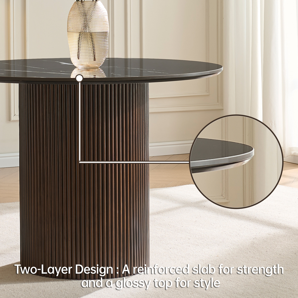 42 inch Round Dining Table with Sintered Stone Top Table, Round Kitchen Table with Fluted Solid Wood Base for Kitchen(Black)