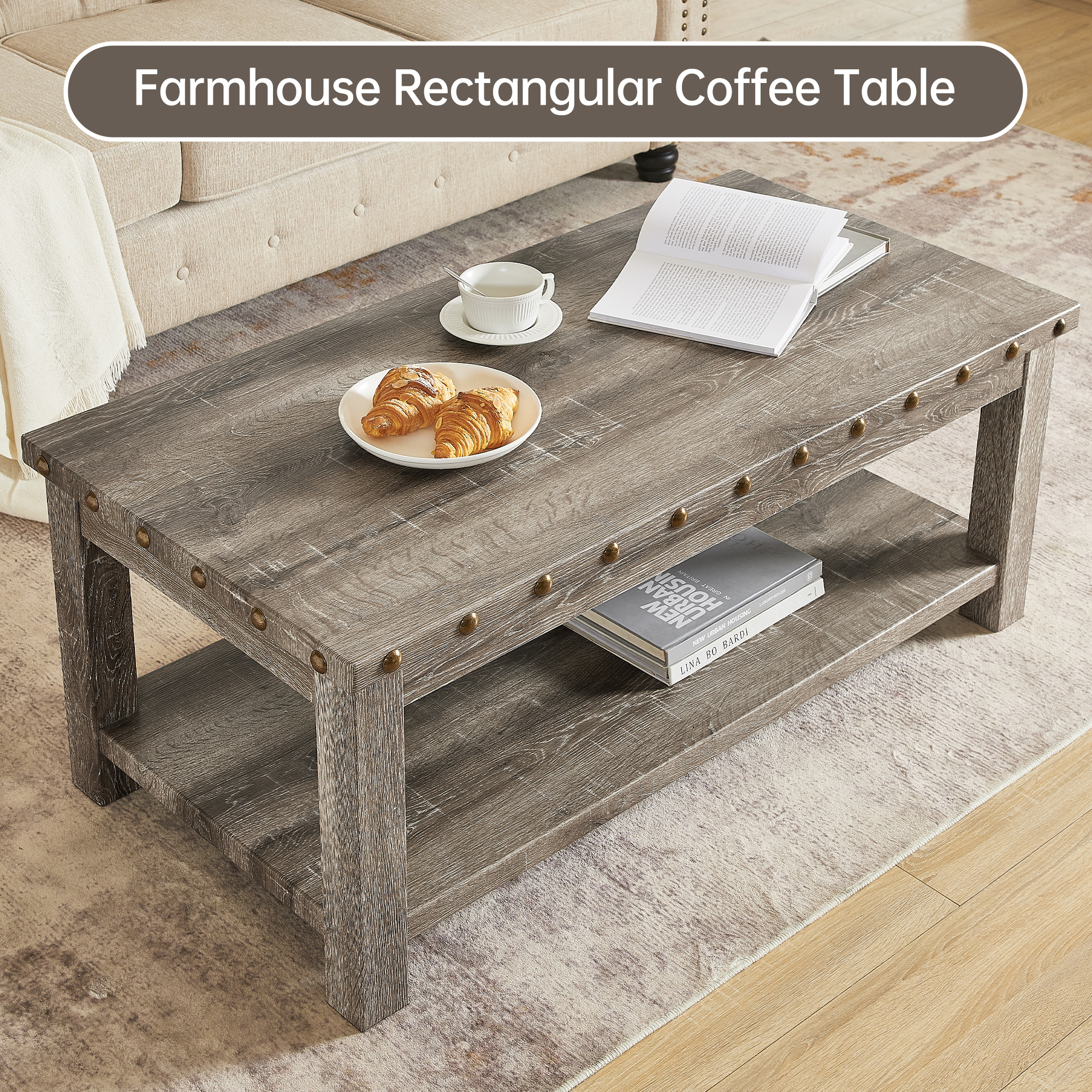Coffee Table with Storage Shelf,48" Rectangular Farmhouse Wood Table for Living Room, Office