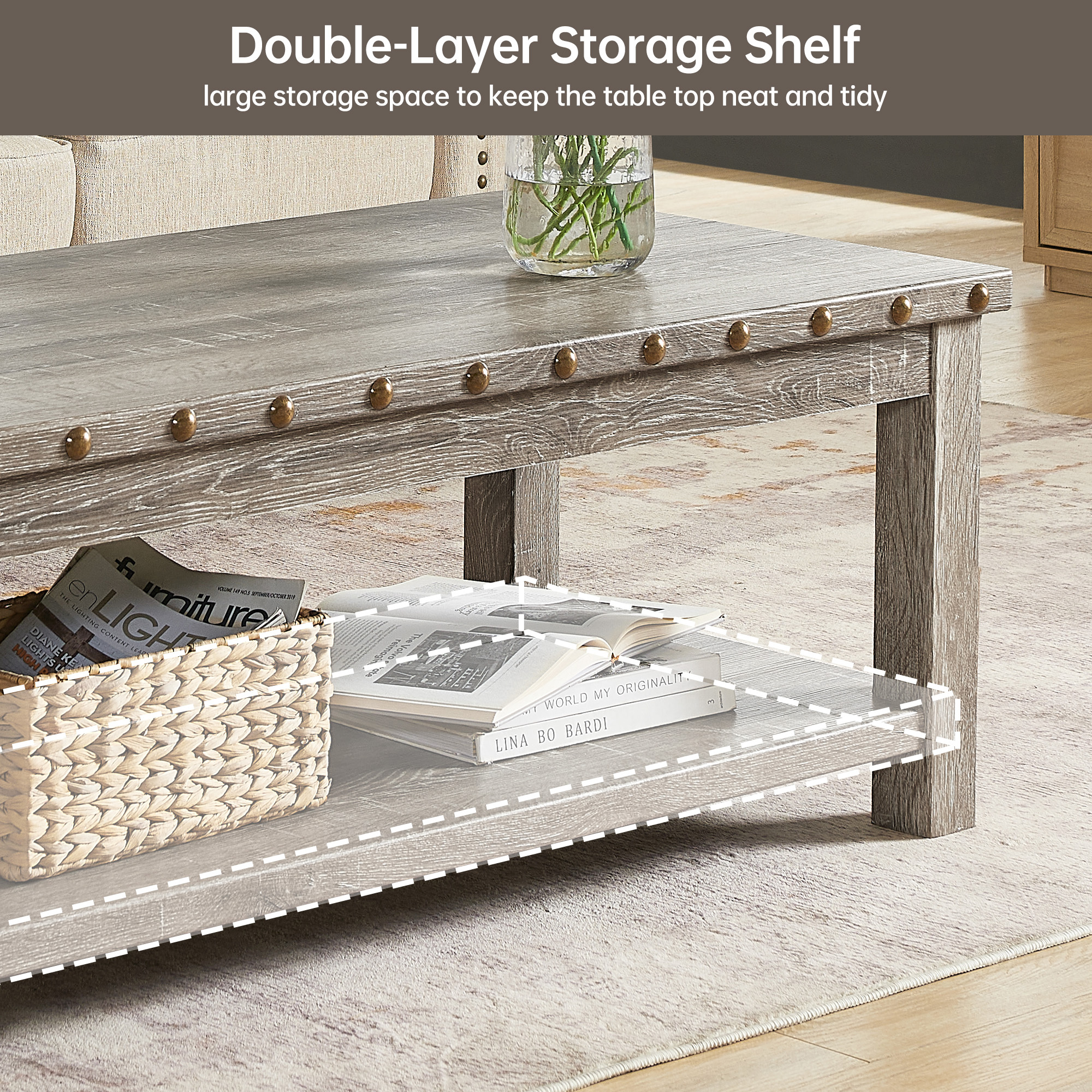 Coffee Table with Storage Shelf,48" Rectangular Farmhouse Wood Table for Living Room, Office