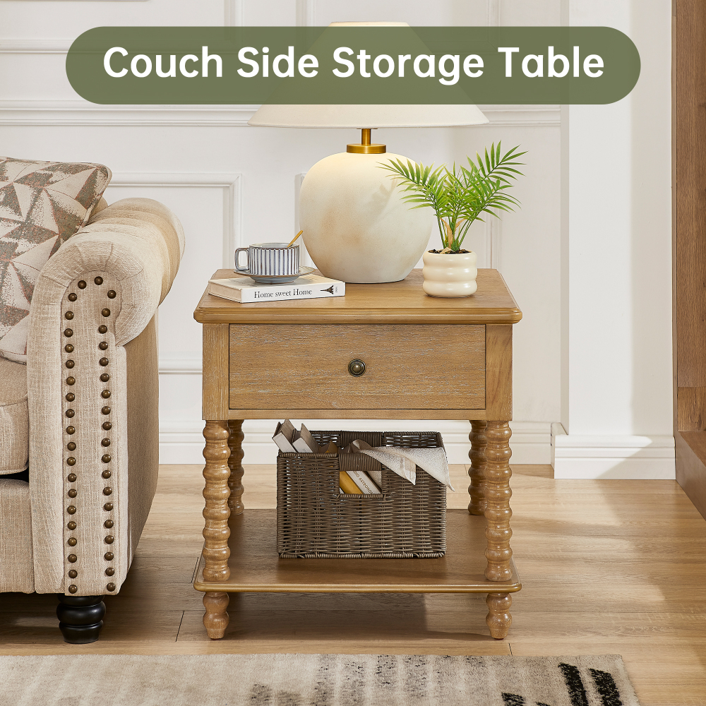 Bedside Table with Drawer, Mid-Century Modern Nightstand, Wood End Table for Living Room(White)