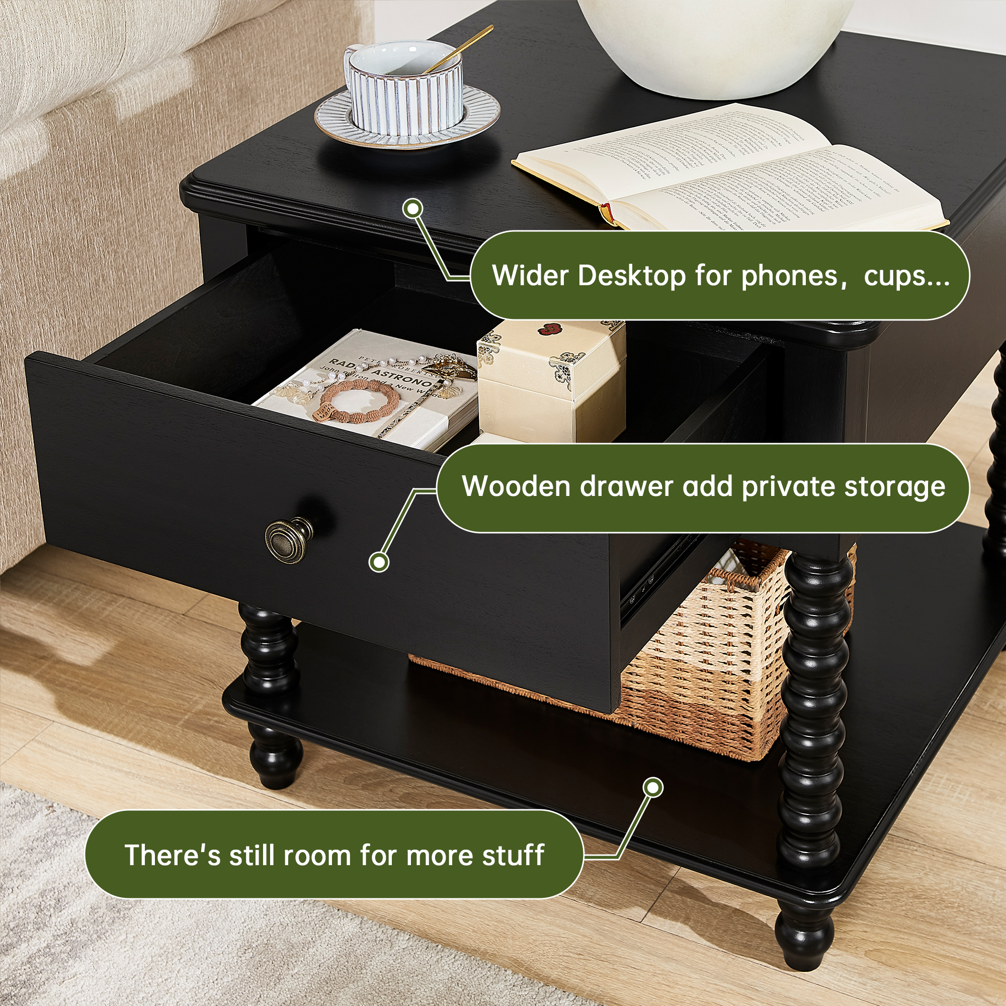 Bedside Table with Drawer, Mid-Century Modern Nightstand, Wood End Table for Living Room(BLACK)