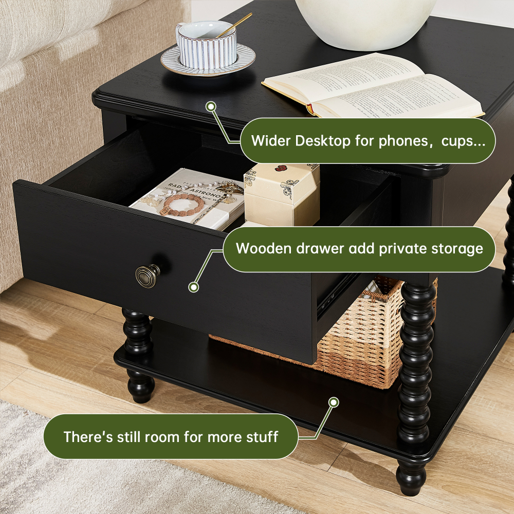 Bedside Table with Drawer, Mid-Century Modern Nightstand, Wood End Table for Living Room(BLACK)