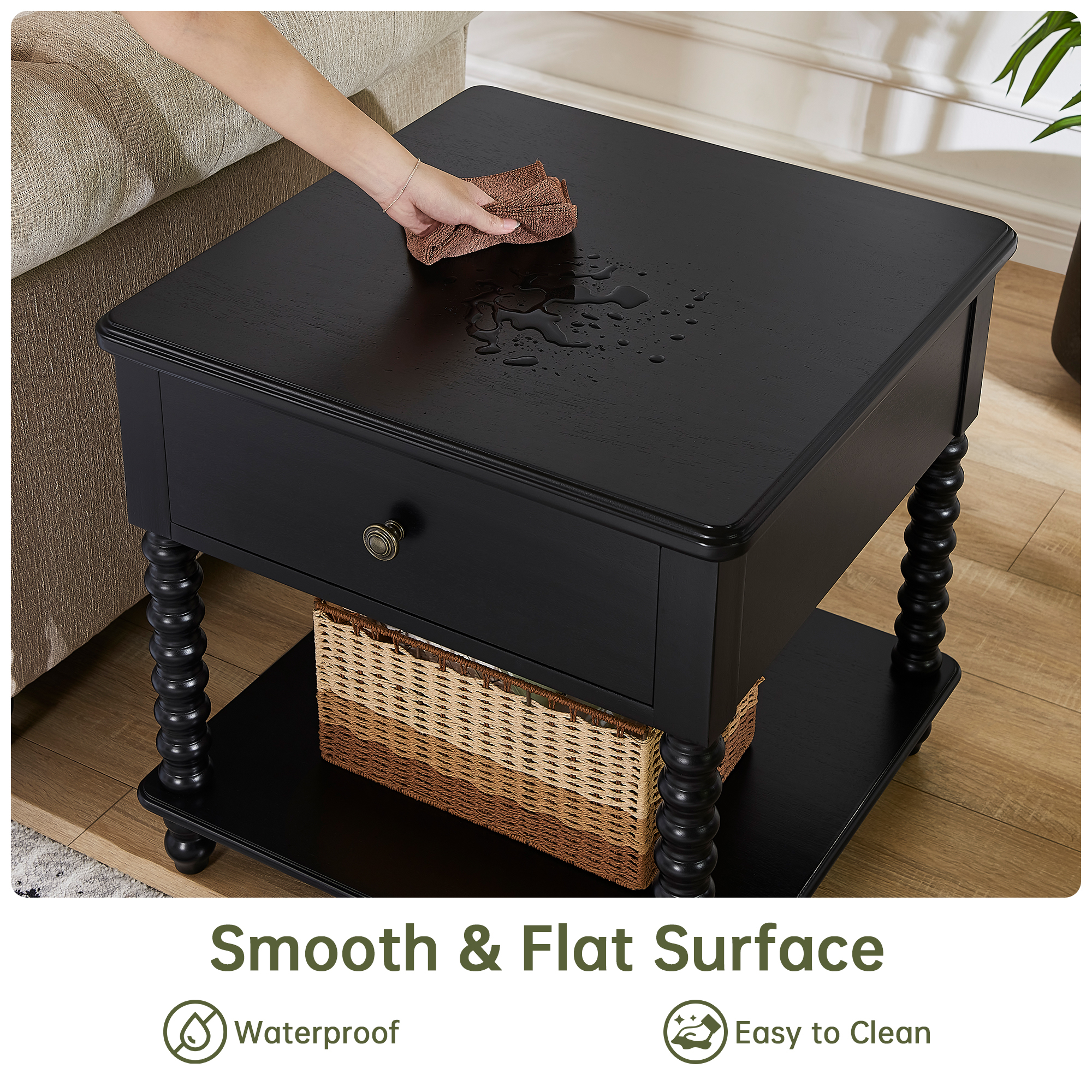 Bedside Table with Drawer, Mid-Century Modern Nightstand, Wood End Table for Living Room(BLACK)
