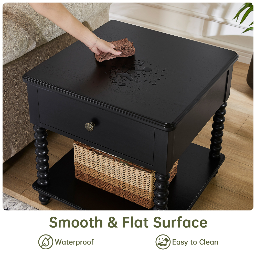 Bedside Table with Drawer, Mid-Century Modern Nightstand, Wood End Table for Living Room(BLACK)