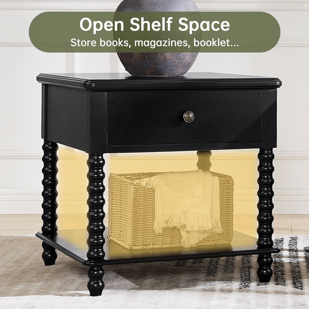 Bedside Table with Drawer, Mid-Century Modern Nightstand, Wood End Table for Living Room(BLACK)