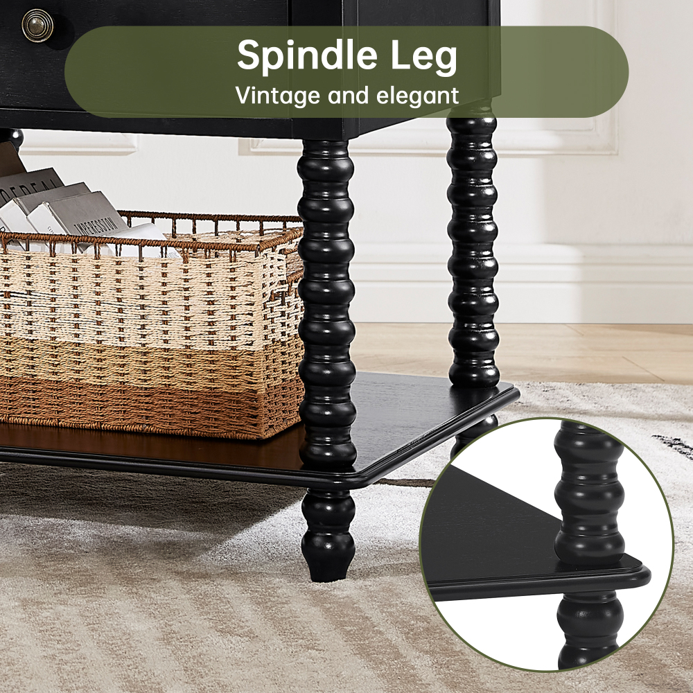 Bedside Table with Drawer, Mid-Century Modern Nightstand, Wood End Table for Living Room(BLACK)