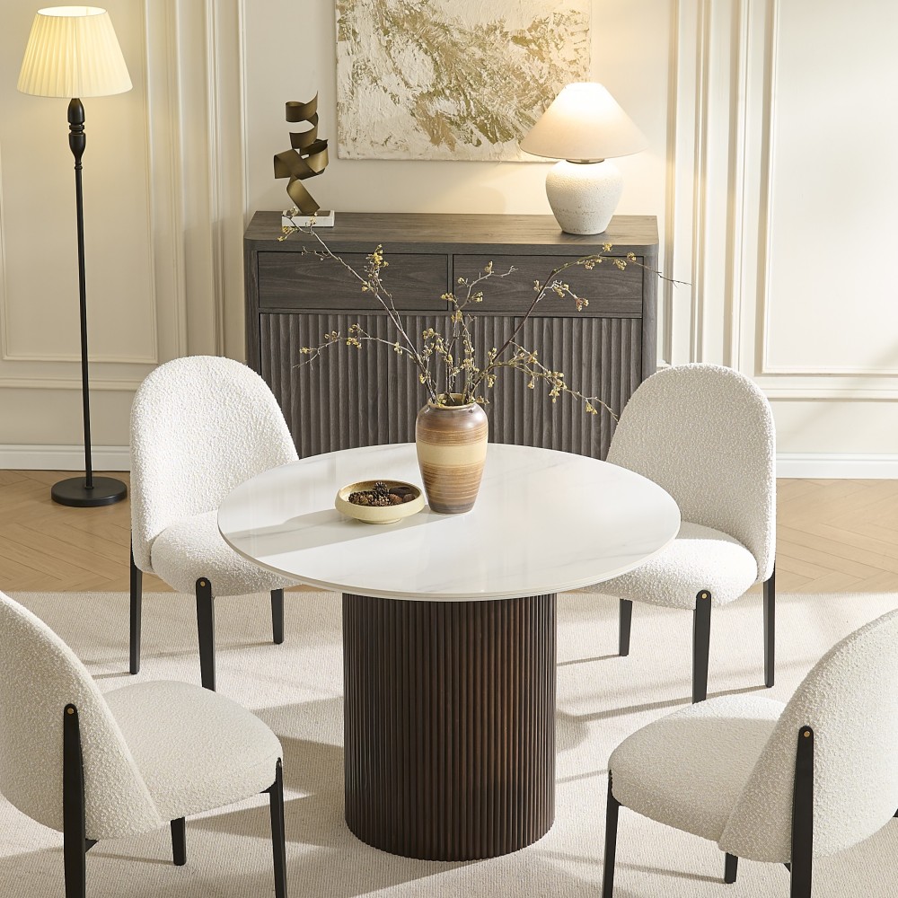 42 inch Round Dining Table with Sintered Stone Top Table, Round Kitchen Table with Fluted Solid Wood Base for Kitchen(White)