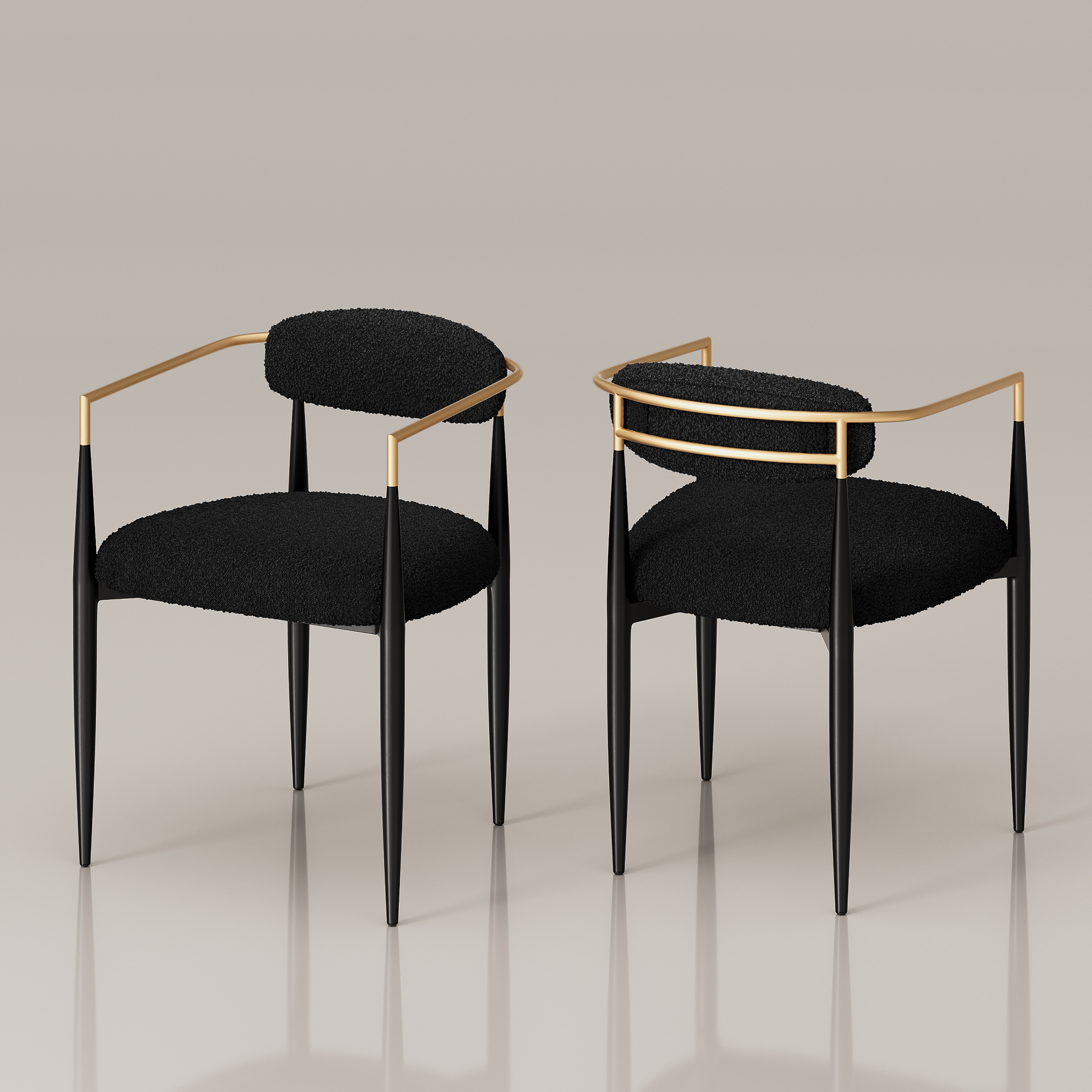 Set of 2 Boucle Dining Chairs , with Curved Backrest and Black Metal Legs for Dining Room and Living Room - Morden Fort