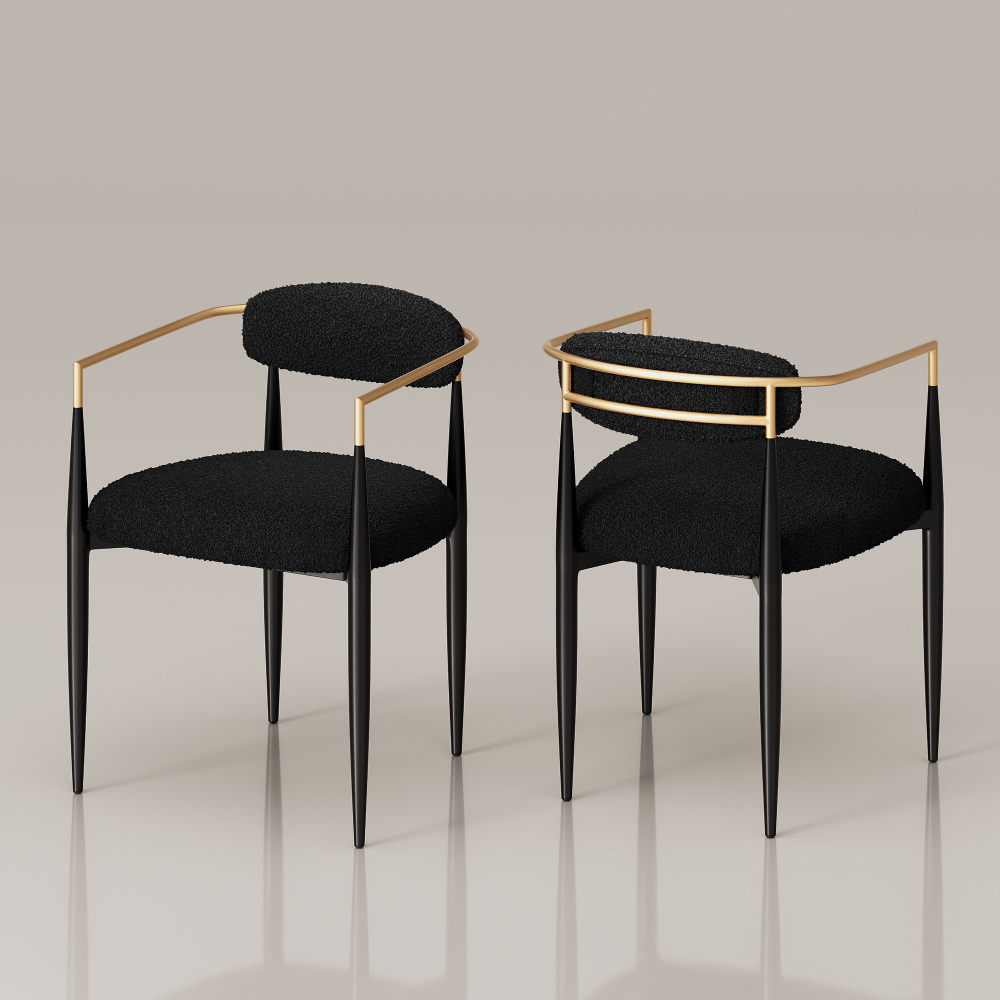 Set of 2 Boucle Dining Chairs , with Curved Backrest and Black Metal Legs for Dining Room and Living Room - Morden Fort