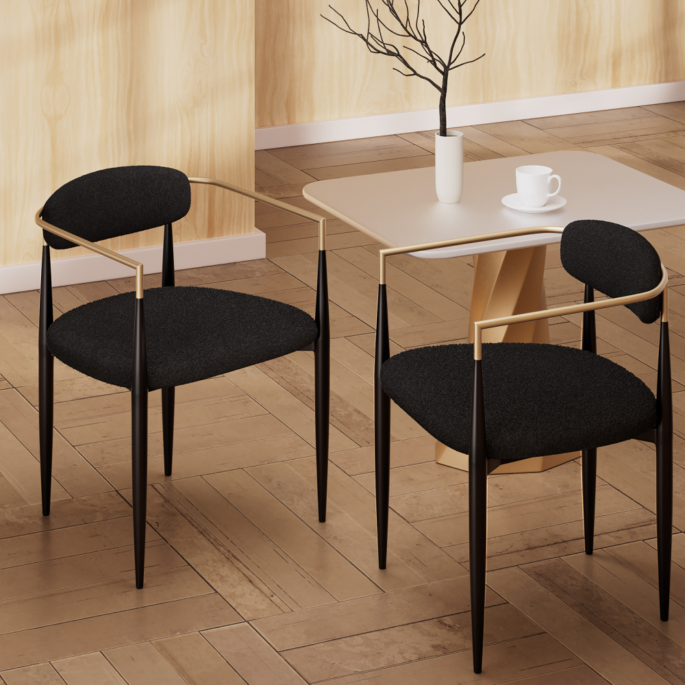 Set of 2 Boucle Dining Chairs , with Curved Backrest and Black Metal Legs for Dining Room and Living Room - Morden Fort