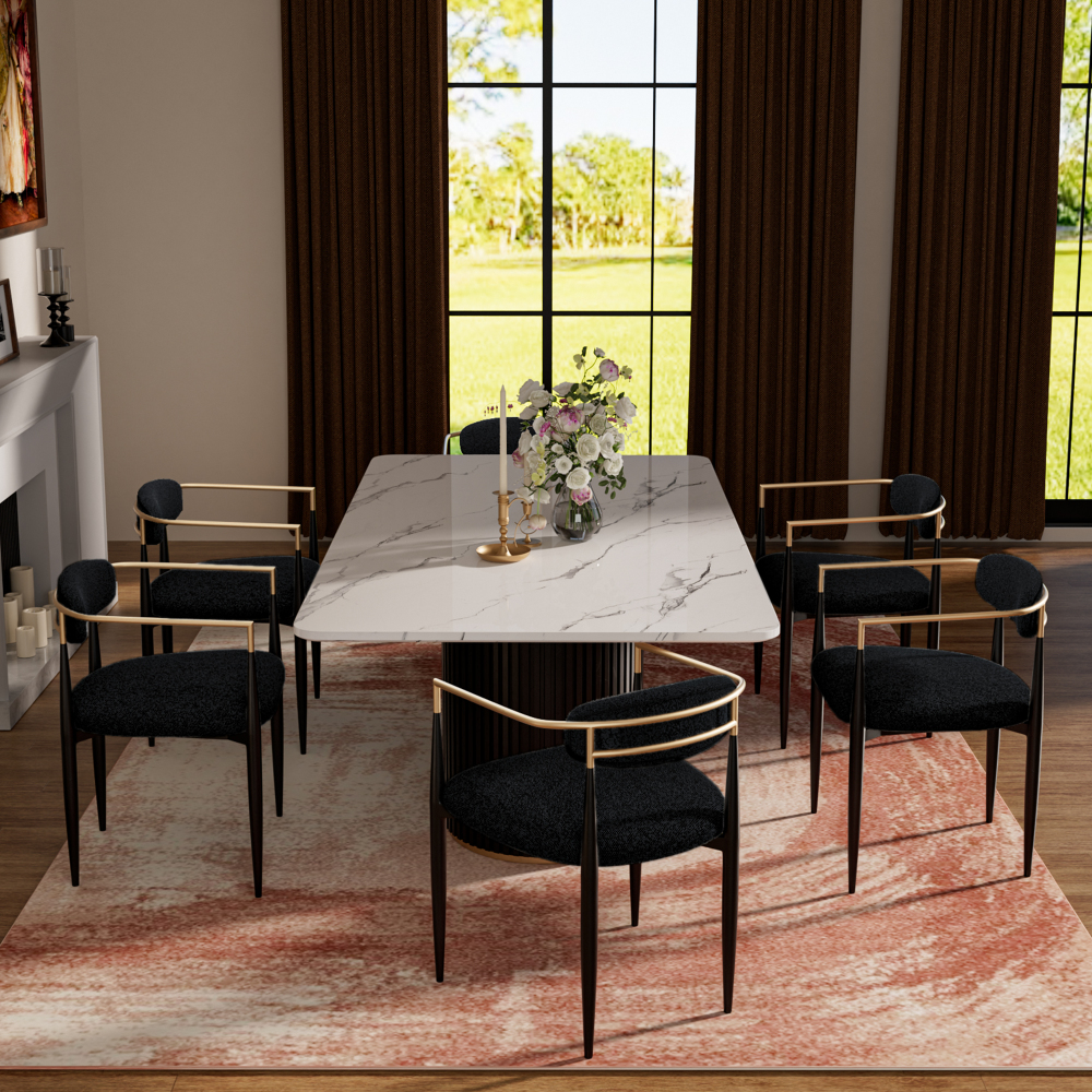 Set of 2 Boucle Dining Chairs , with Curved Backrest and Black Metal Legs for Dining Room and Living Room - Morden Fort