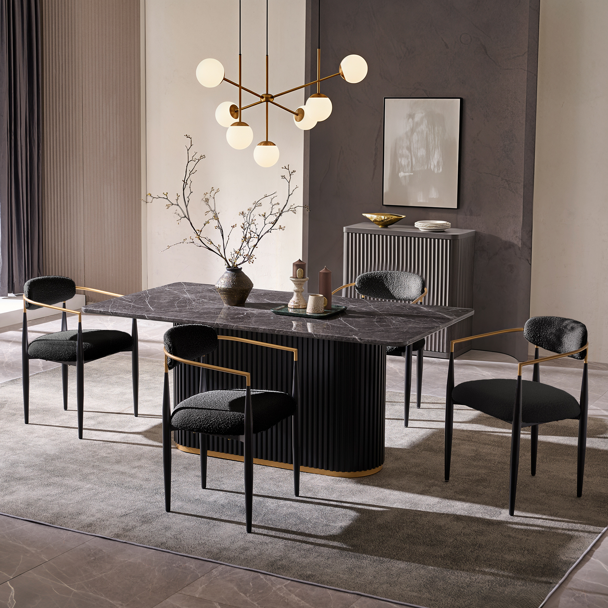 Set of 2 Boucle Dining Chairs , with Curved Backrest and Black Metal Legs for Dining Room and Living Room - Morden Fort