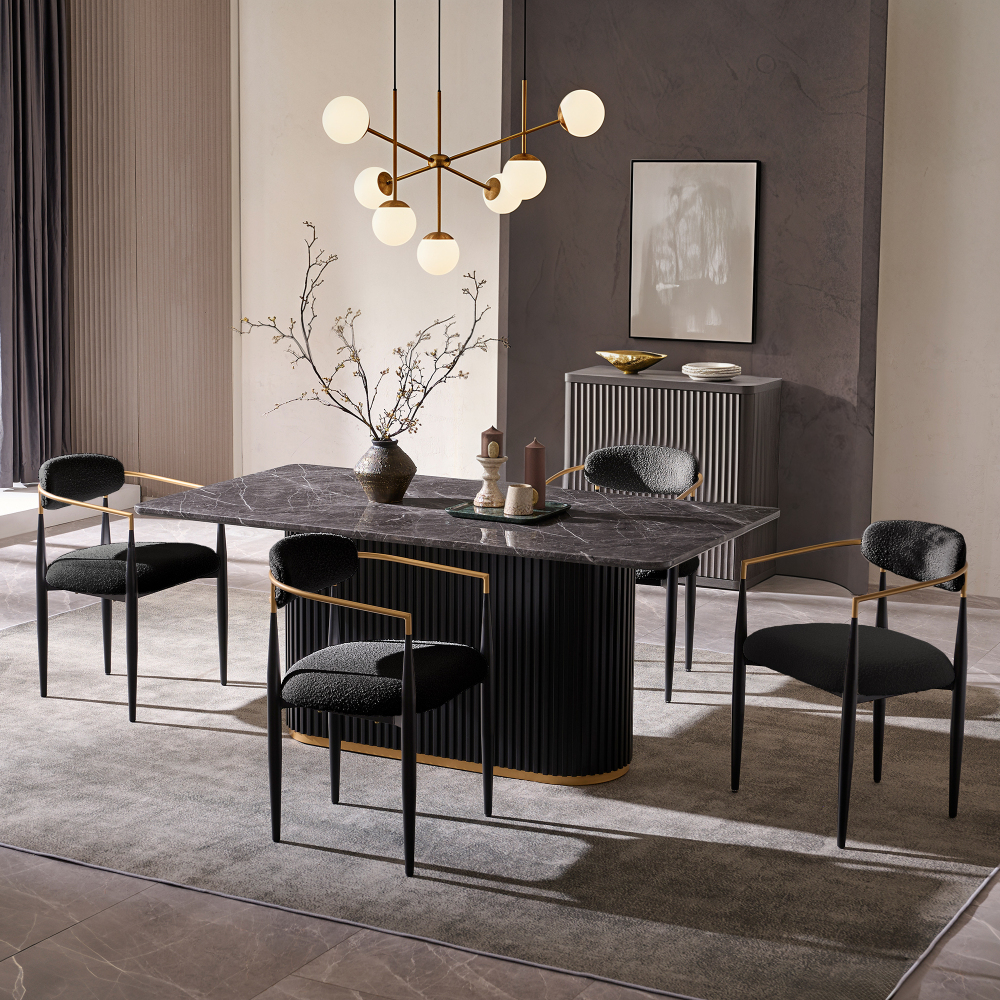 Set of 2 Boucle Dining Chairs , with Curved Backrest and Black Metal Legs for Dining Room and Living Room - Morden Fort