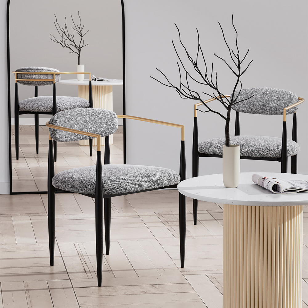 Set of 2 Boucle Dining Chairs , with Curved Backrest and Black Metal Legs for Dining Room and Living Room - Morden Fort