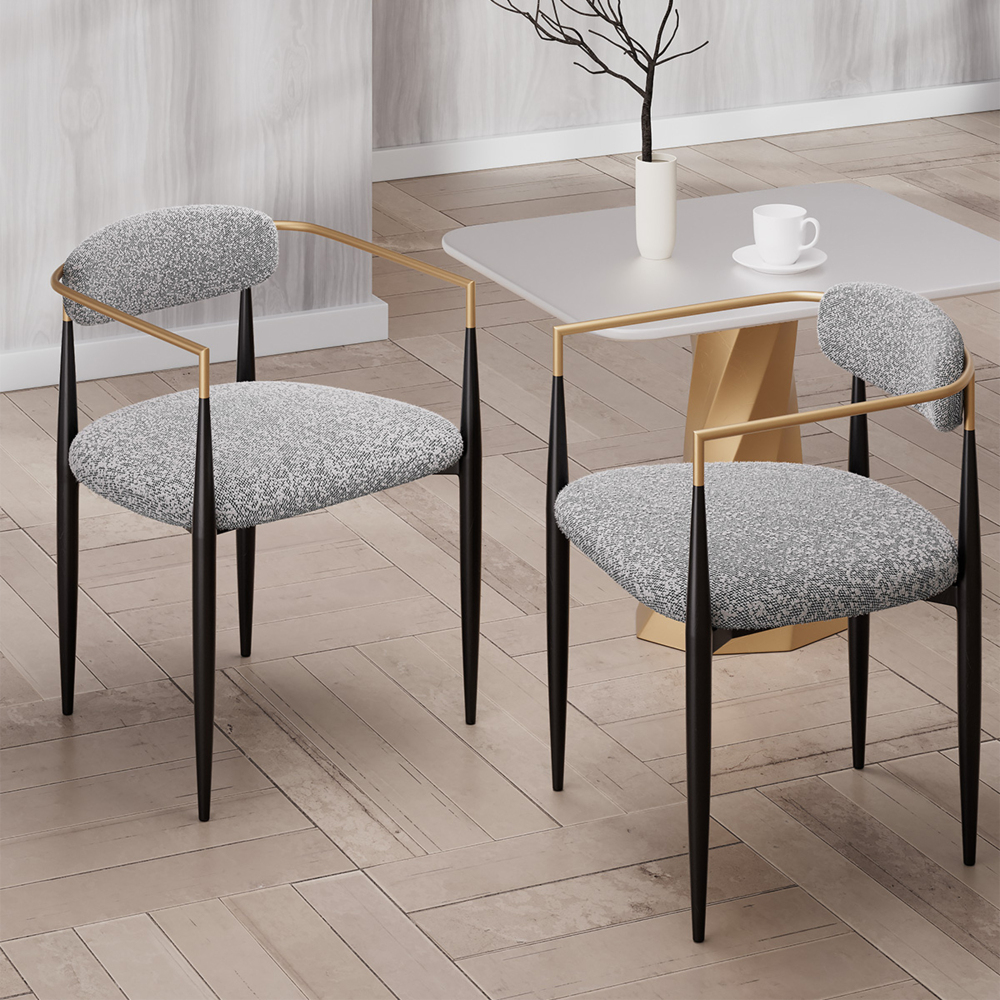 Set of 2 Boucle Dining Chairs , with Curved Backrest and Black Metal Legs for Dining Room and Living Room - Morden Fort
