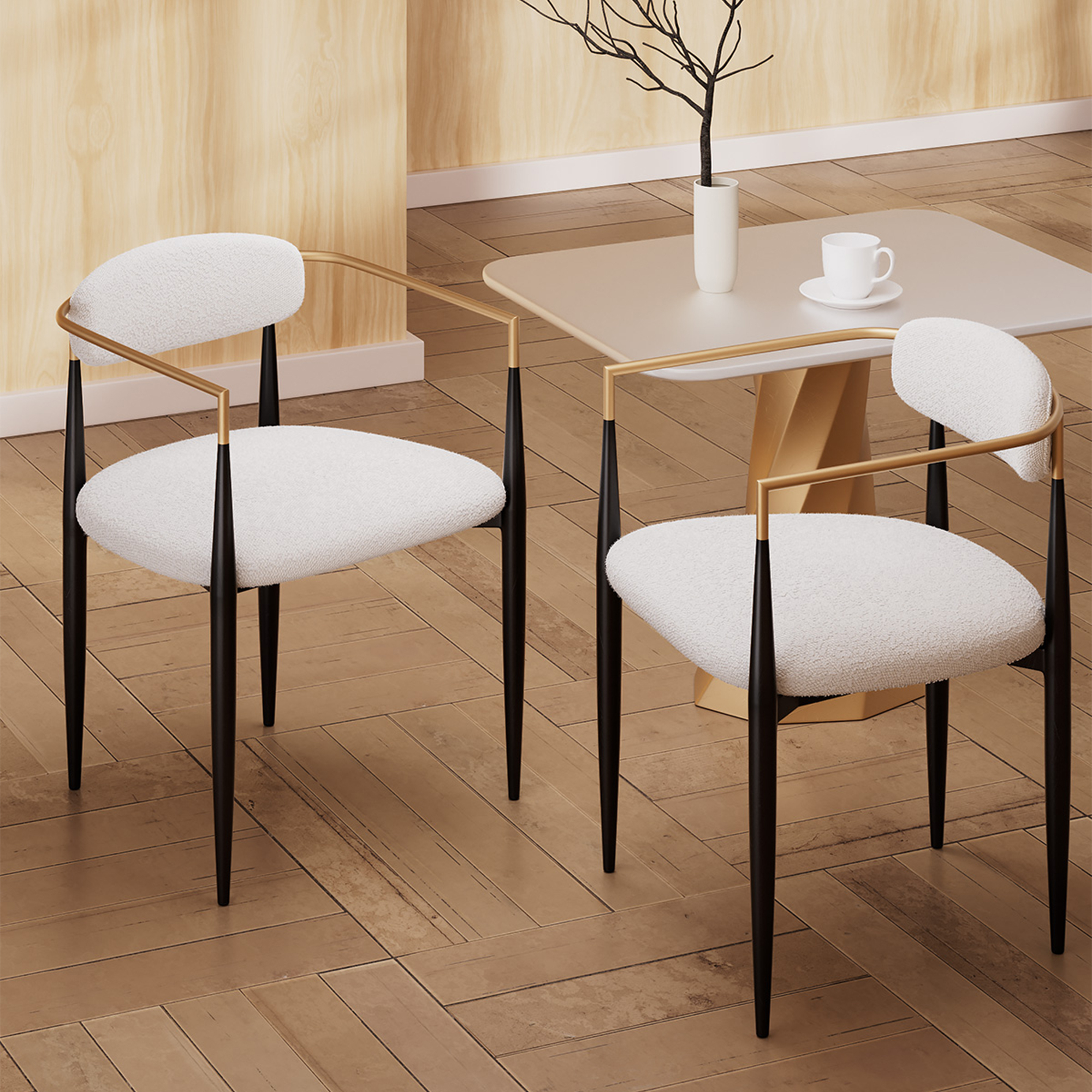 Set of 2 Boucle Dining Chairs , with Curved Backrest and Black Metal Legs for Dining Room and Living Room - Morden Fort