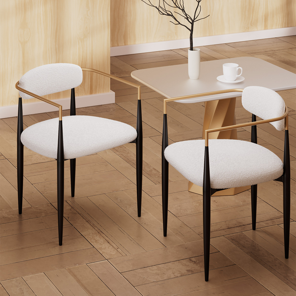 Set of 2 Boucle Dining Chairs , with Curved Backrest and Black Metal Legs for Dining Room and Living Room - Morden Fort