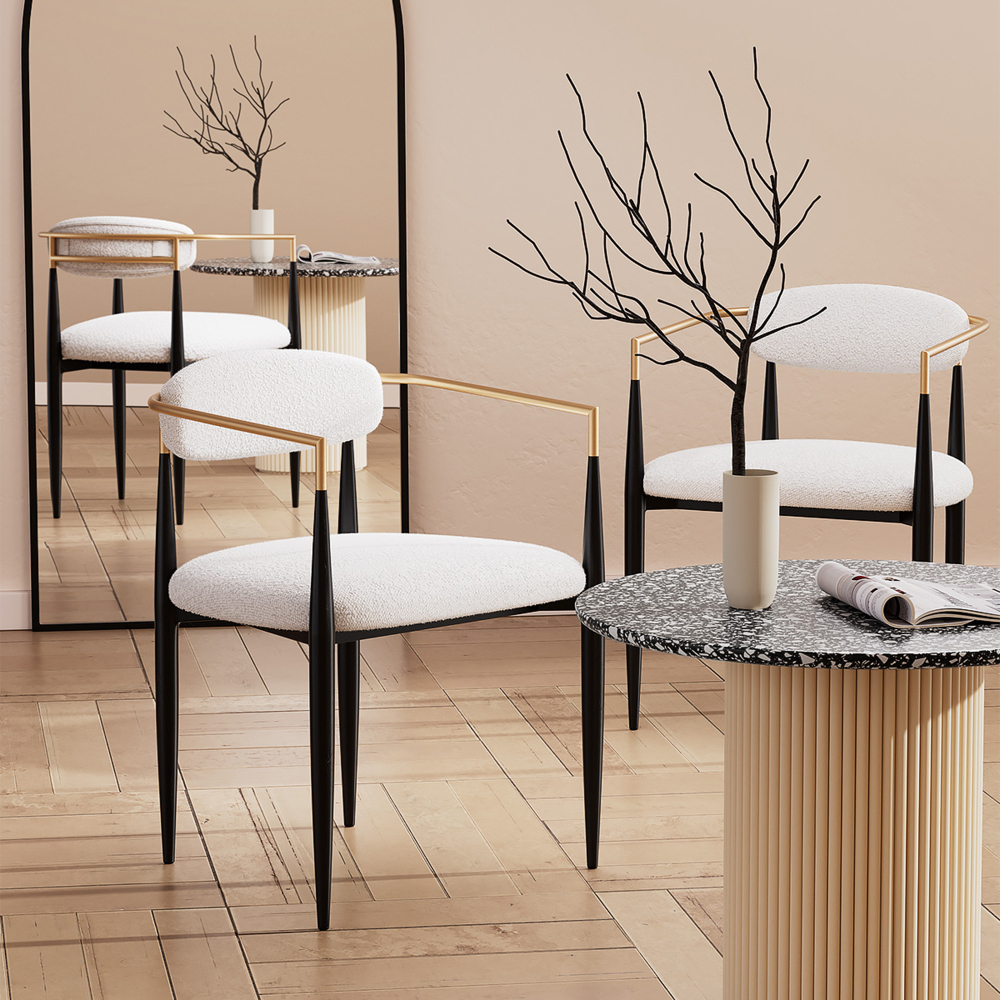 Set of 2 Boucle Dining Chairs , with Curved Backrest and Black Metal Legs for Dining Room and Living Room - Morden Fort