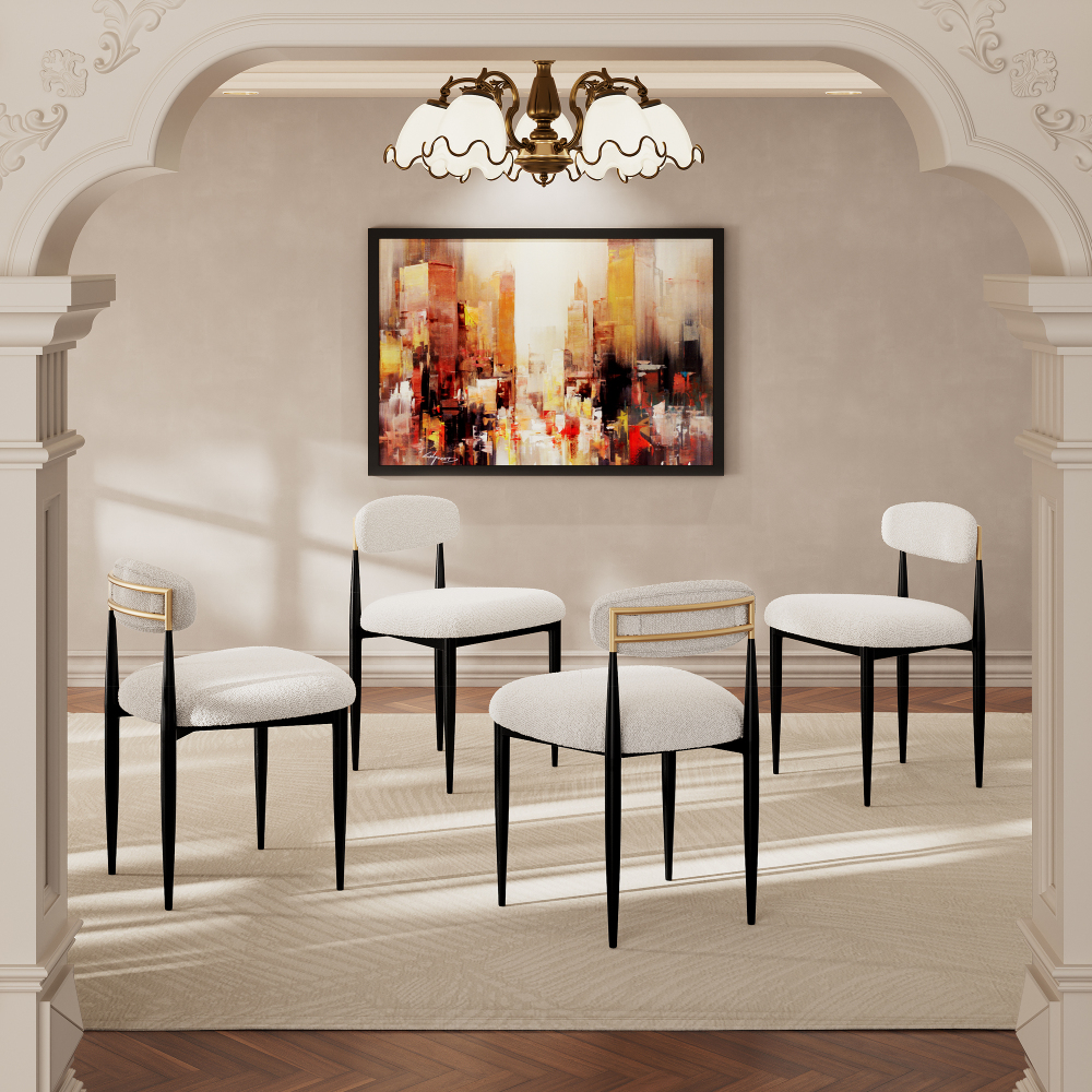 Set of 2 Boucle Armless Dining Chairs , with Curved Backrest and Black Metal Legs for Dining Room and Living Room - Morden Fort