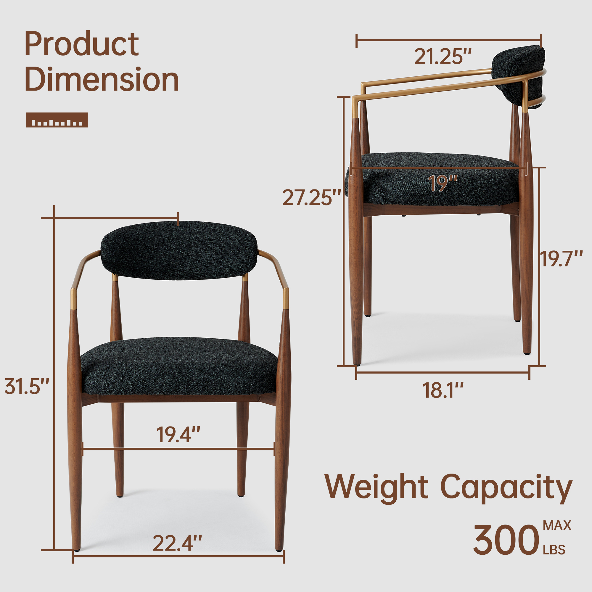 Morden Fort Modern Upholstered Dining Chairs Set of 4, Black Wood Dining Chairs with Boucle Cushions and Wood Grain Legs for Kitchen, Living Room and Reception