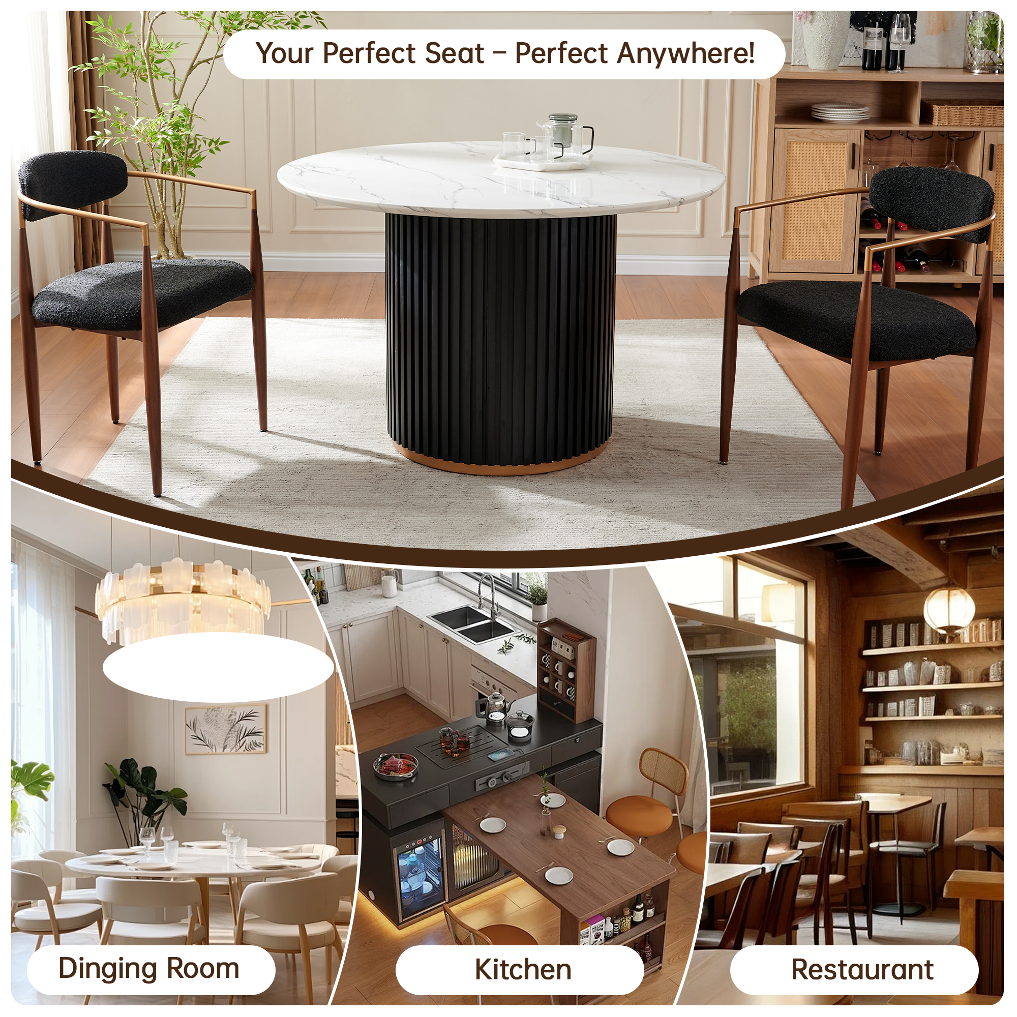 Morden Fort Modern Upholstered Dining Chairs Set of 4, Black Wood Dining Chairs with Boucle Cushions and Wood Grain Legs for Kitchen, Living Room and Reception