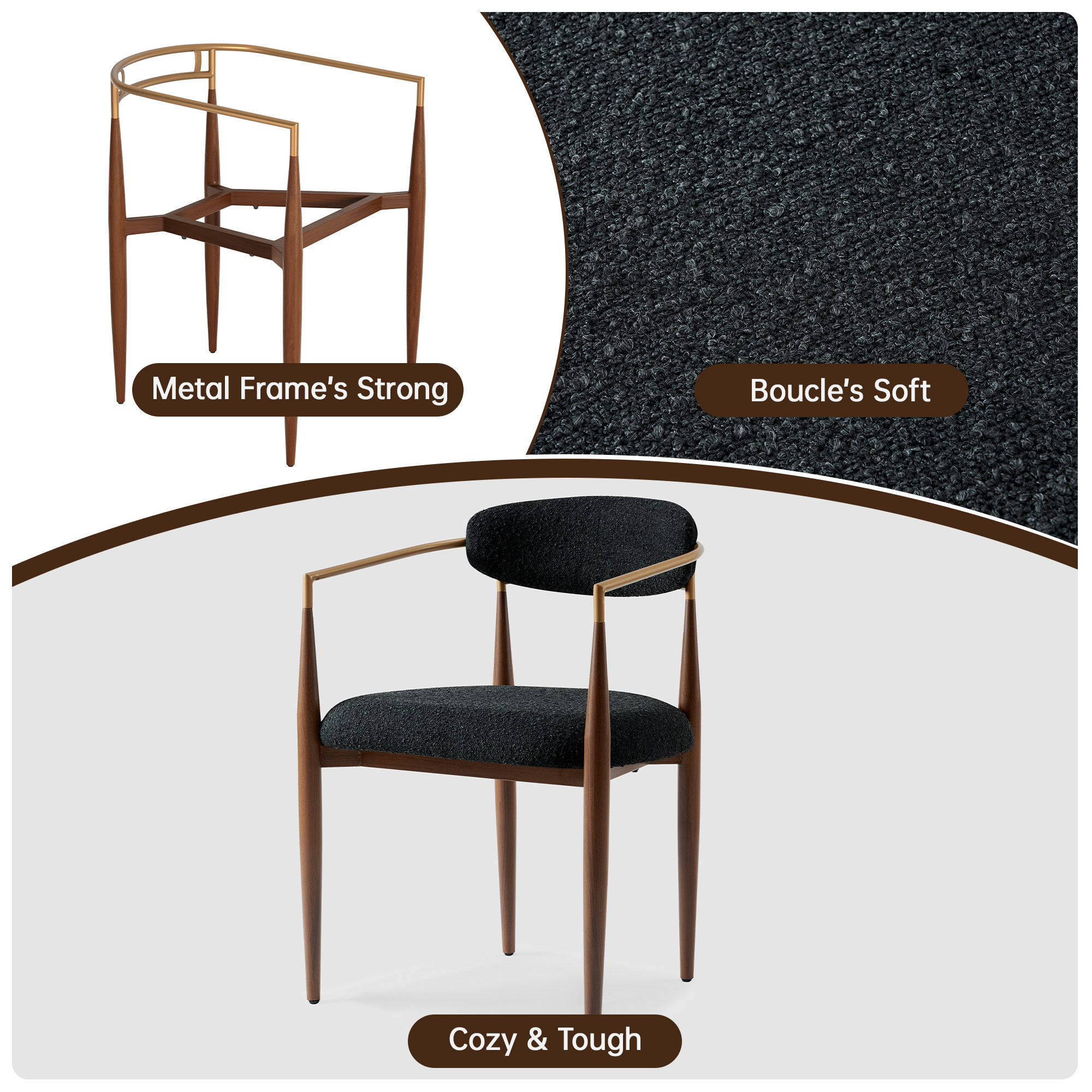 Morden Fort Modern Upholstered Dining Chairs Set of 4, Black Wood Dining Chairs with Boucle Cushions and Wood Grain Legs for Kitchen, Living Room and Reception